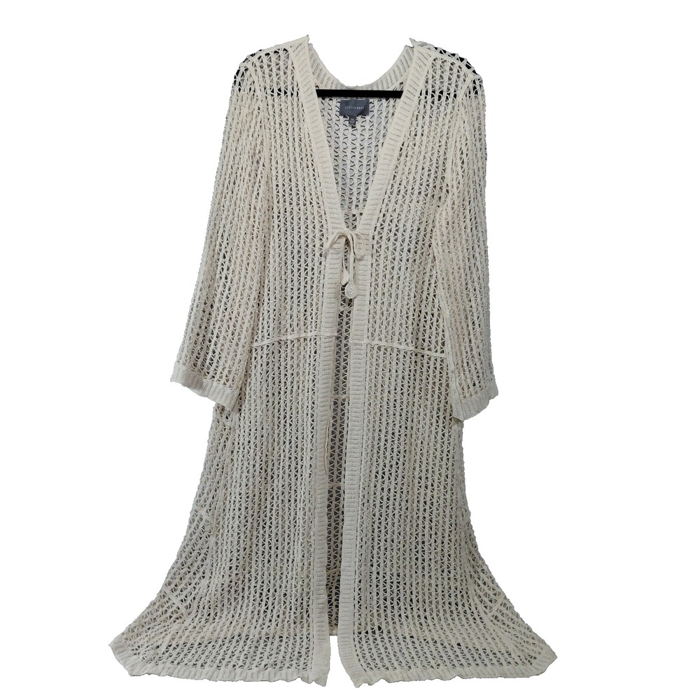 Hudson Gray Front Tie Lacy Long Duster Cardigan Women's OS Cream Sheer Cotton
